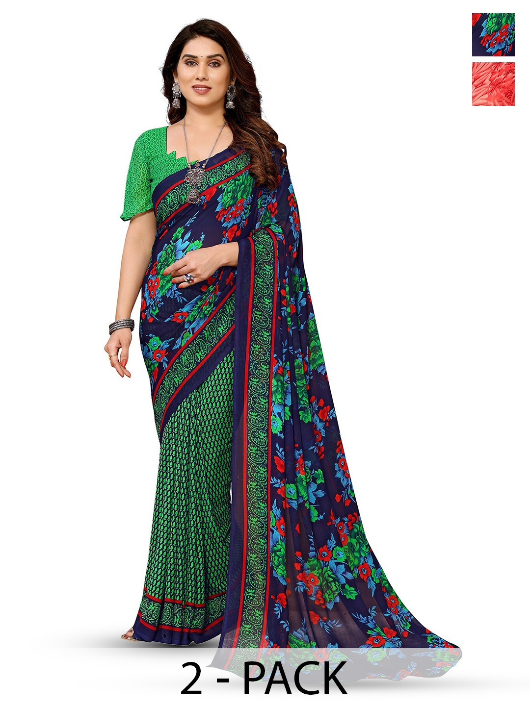 

ANAND SAREES Selection of 2 Floral Printed Sarees, Green