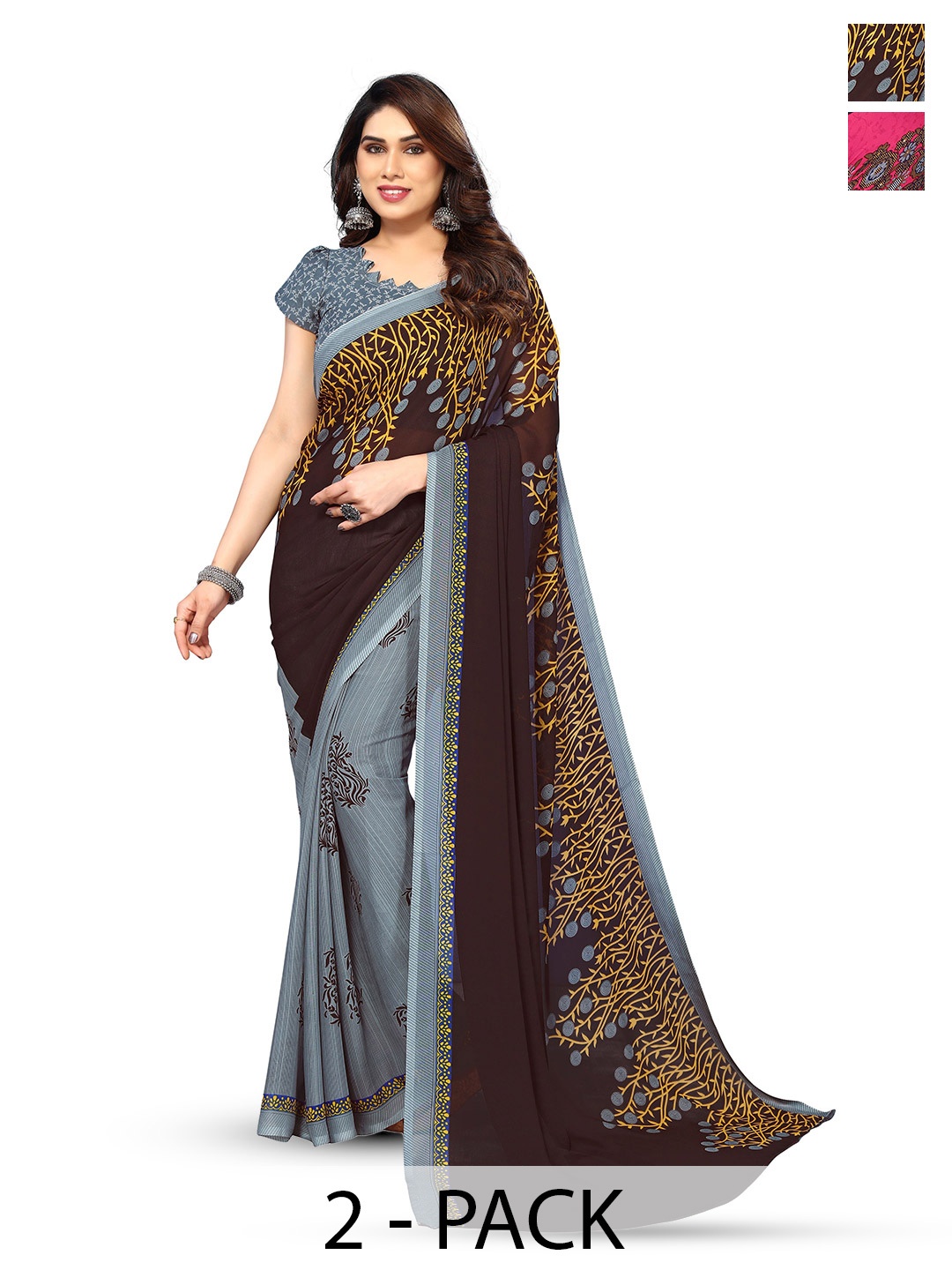 

ANAND SAREES Selection of 2 Floral Printed Sarees, Navy blue