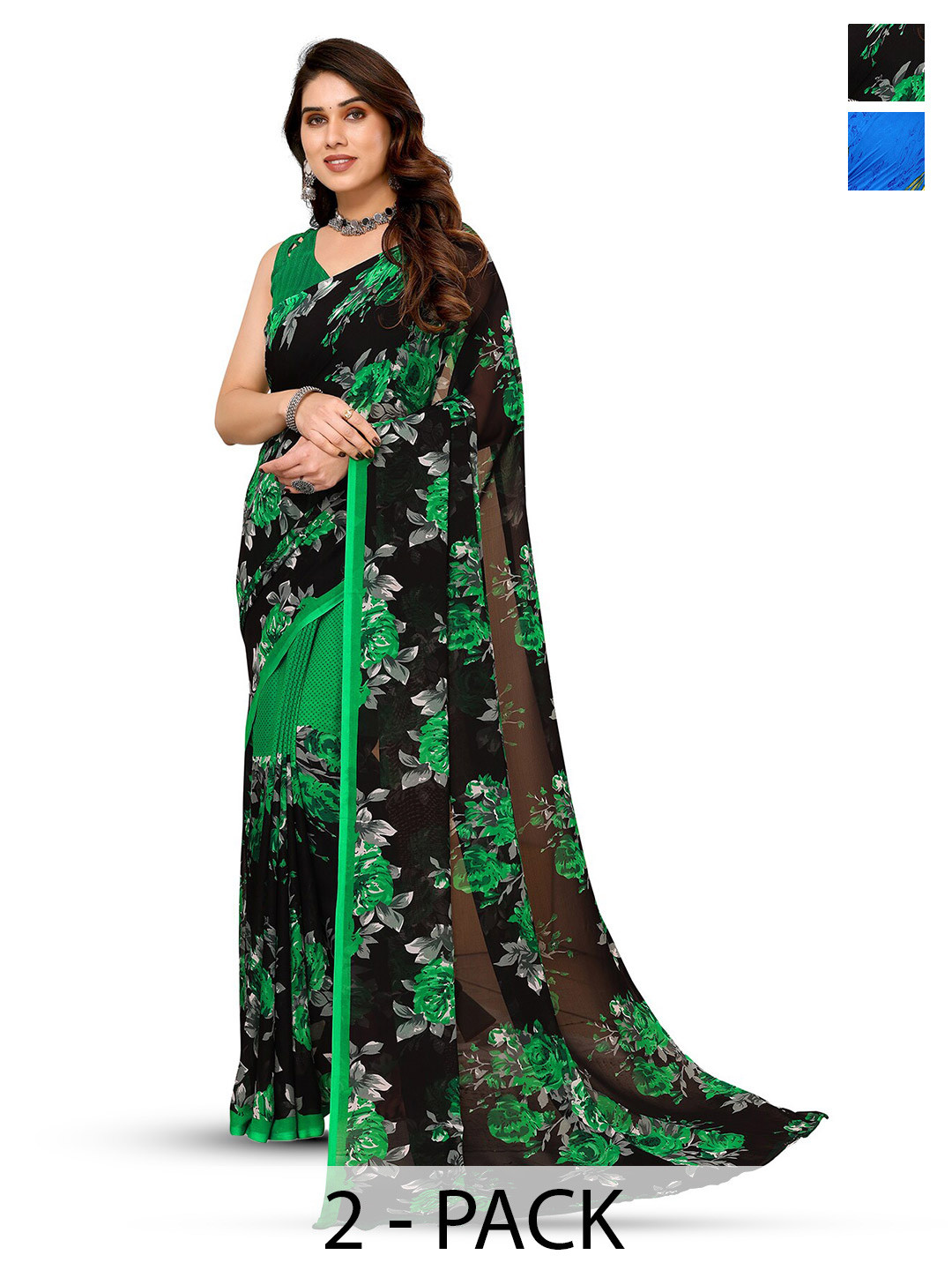 

ANAND SAREES Selection of 2 Floral Printed Sarees, Green