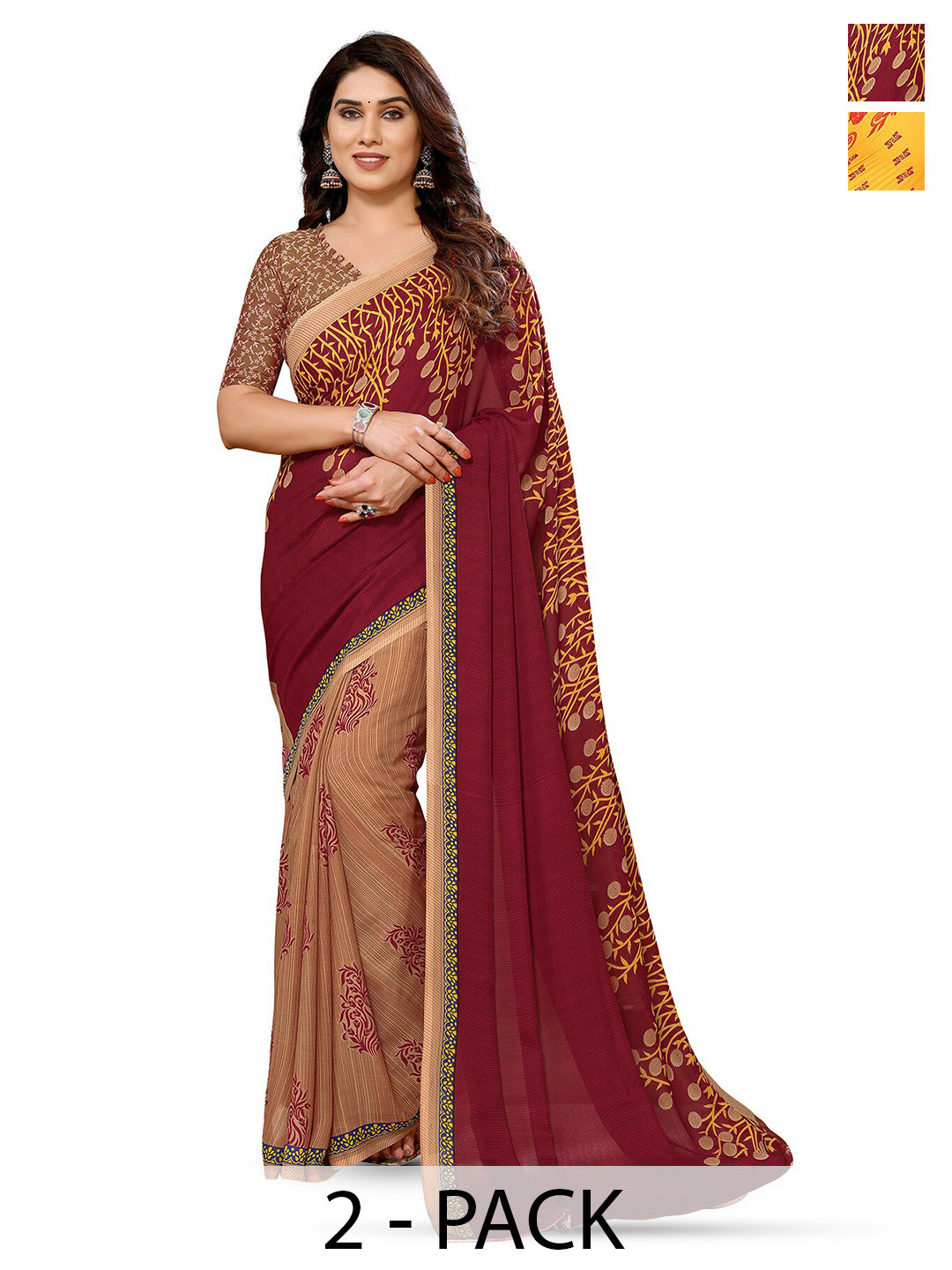 

ANAND SAREES Selection of 2 Ethnic Motifs Printed Sarees, Yellow