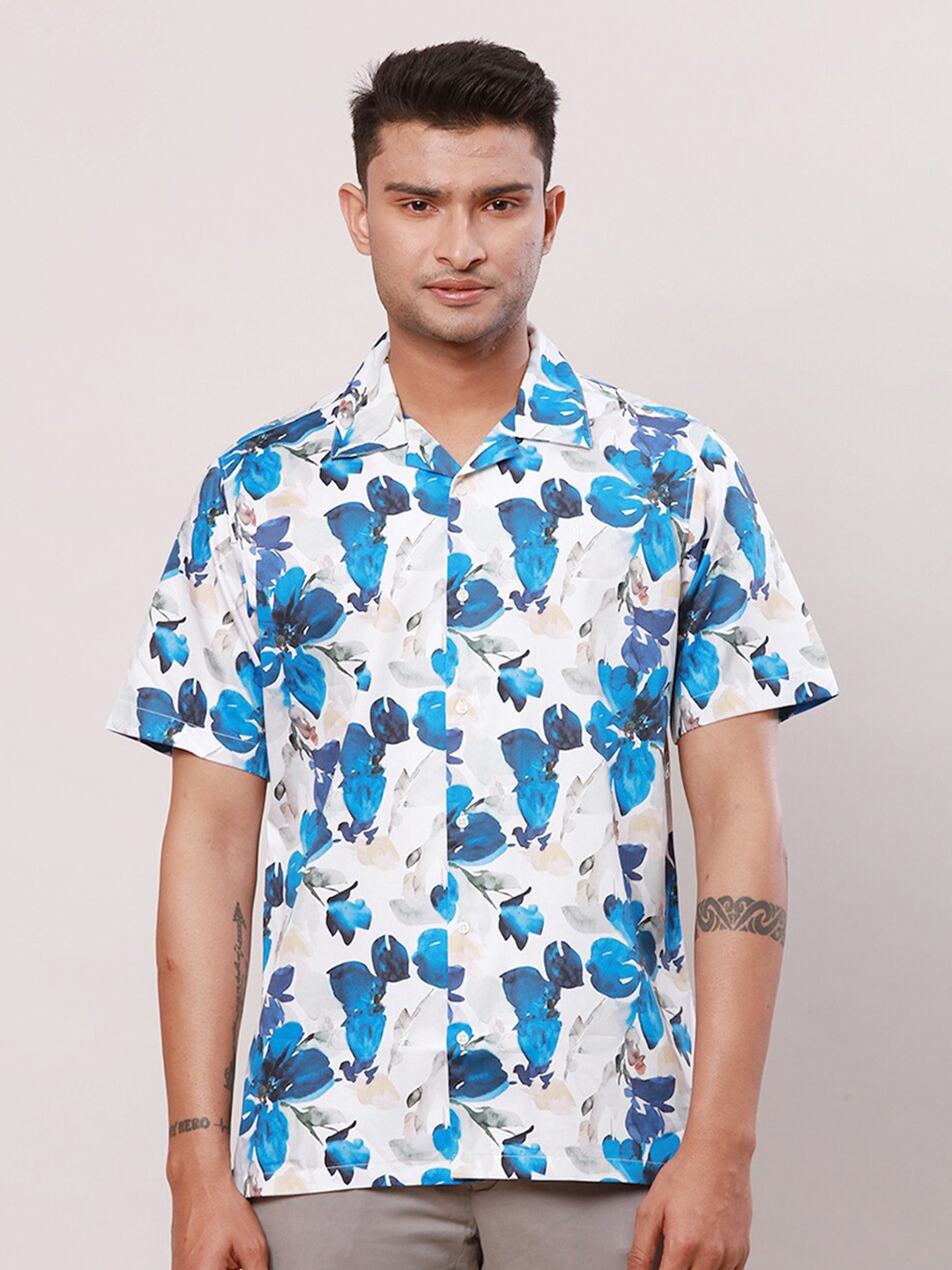 

Raymond Contemporary Floral Printed Cuban Collar Cotton Casual Shirt, Blue