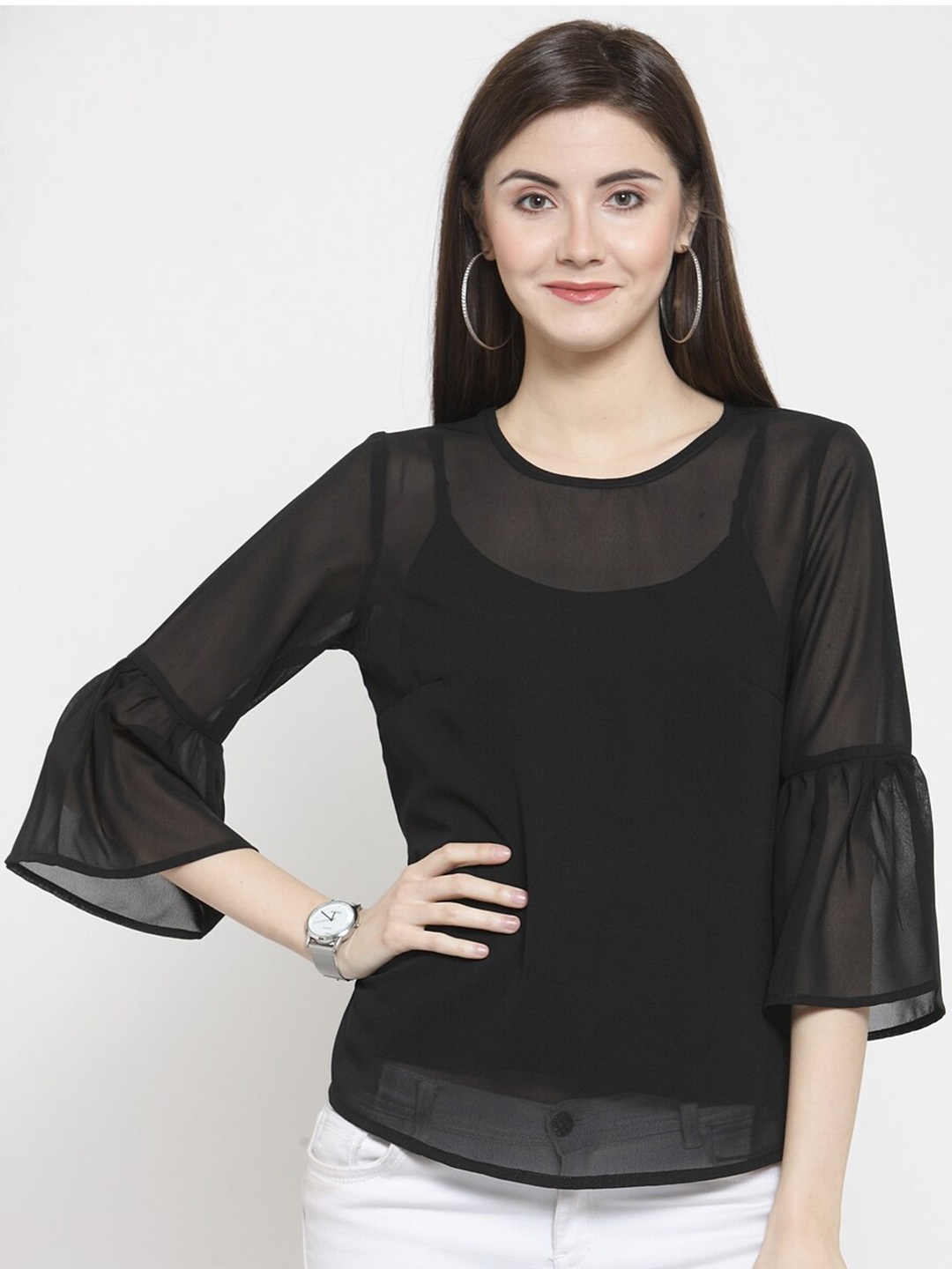 

Purple State Round Neck Bell Sleeves Semi Sheer Crepe Top, Black
