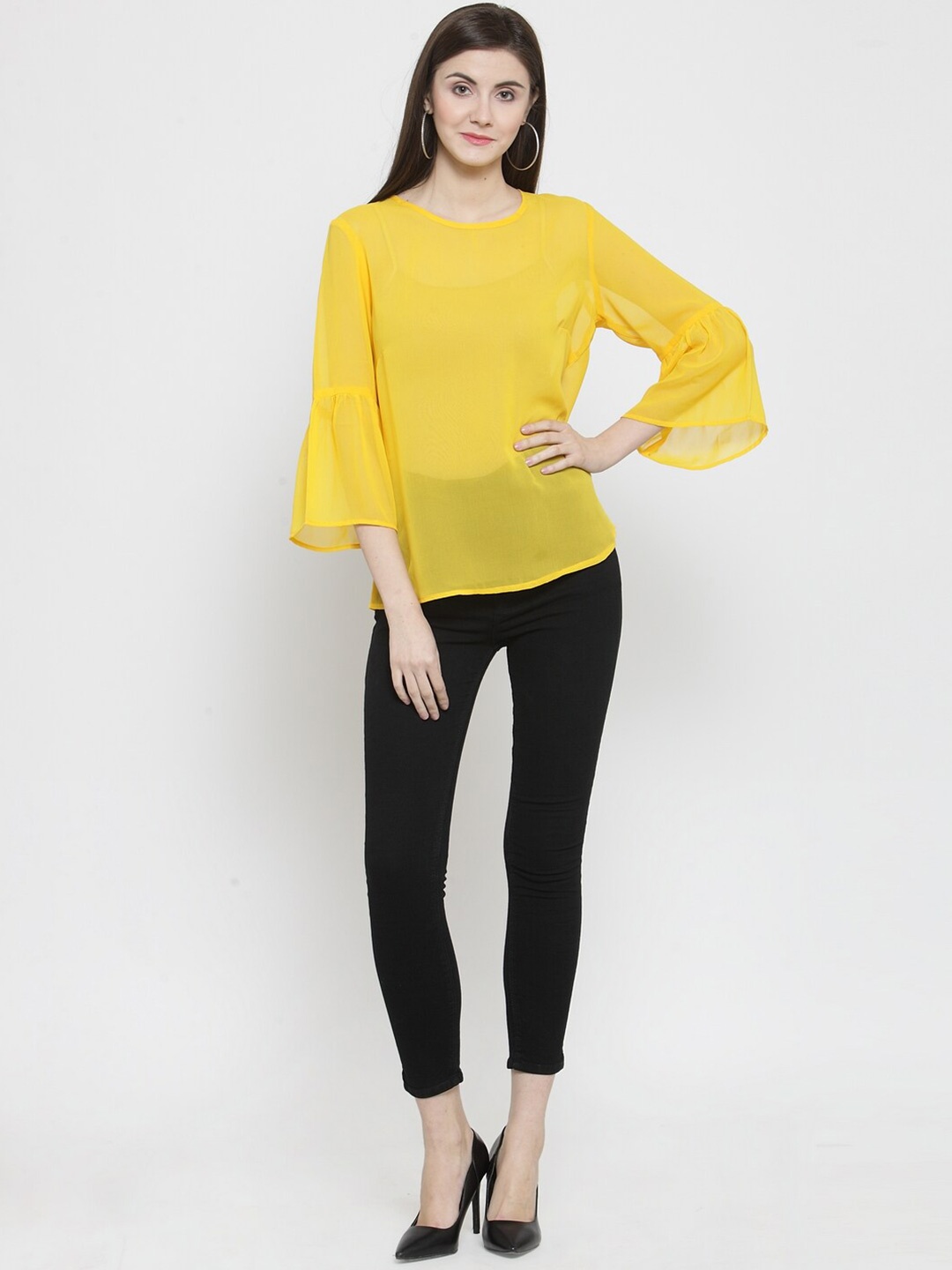

Purple State Round Neck Bell Sleeves Crepe Top, Yellow