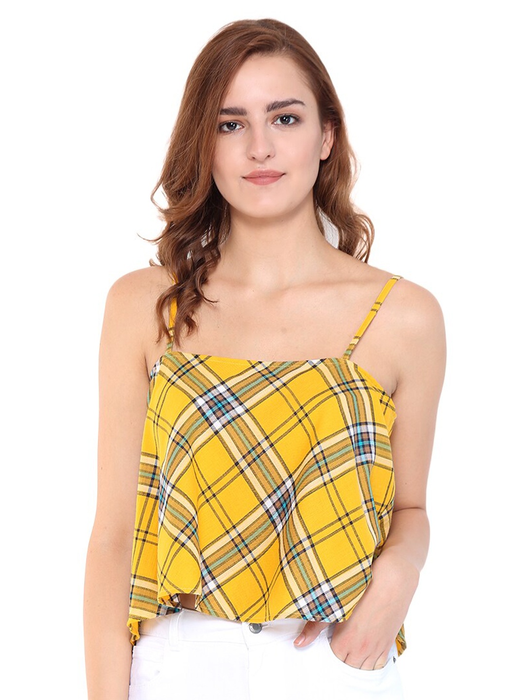 

Purple State Checked Shoulder Straps Pure Cotton A-Line Top, Yellow