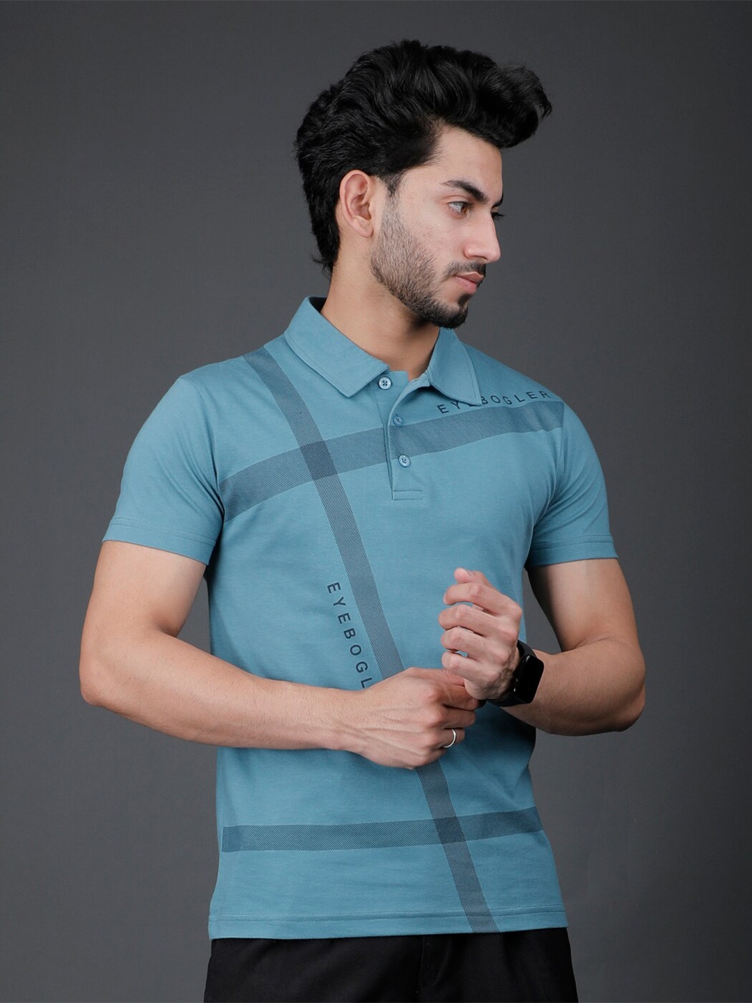 

Eyebogler Striped Polo Collar Cotton T-shirt, Green