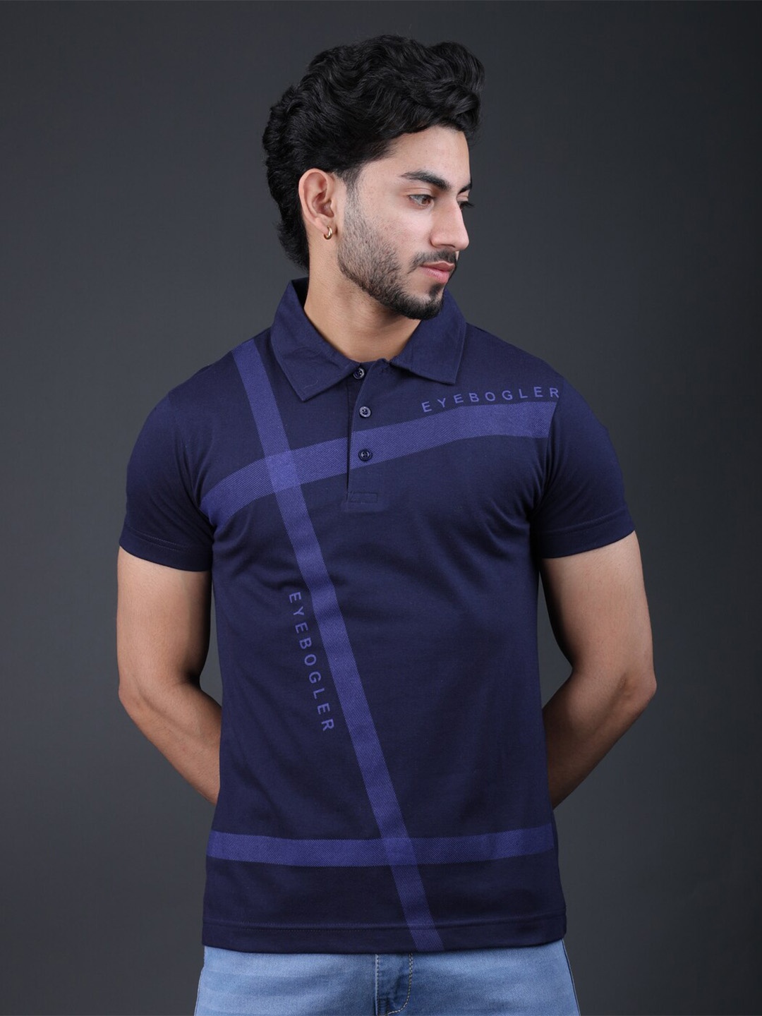 

Eyebogler Striped Polo Collar Regular Fit Cotton T-shirt, Navy blue