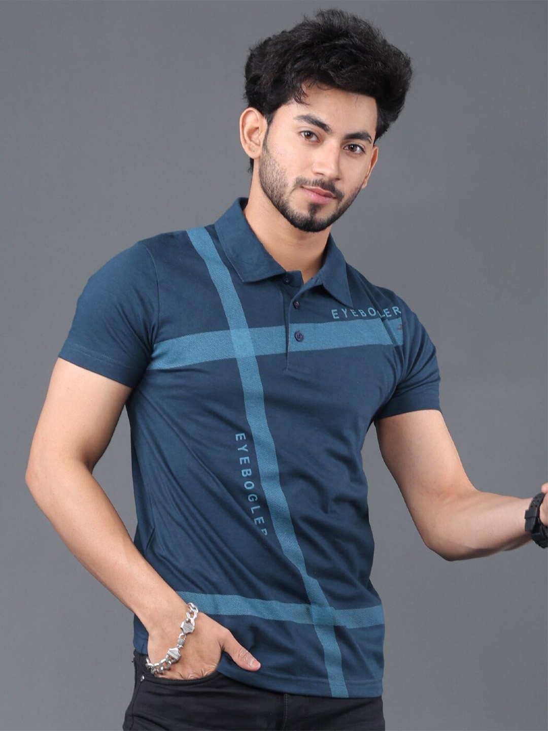 

Eyebogler Typography Printed Regular Fit Polo Collar Cotton T-shirt, Teal