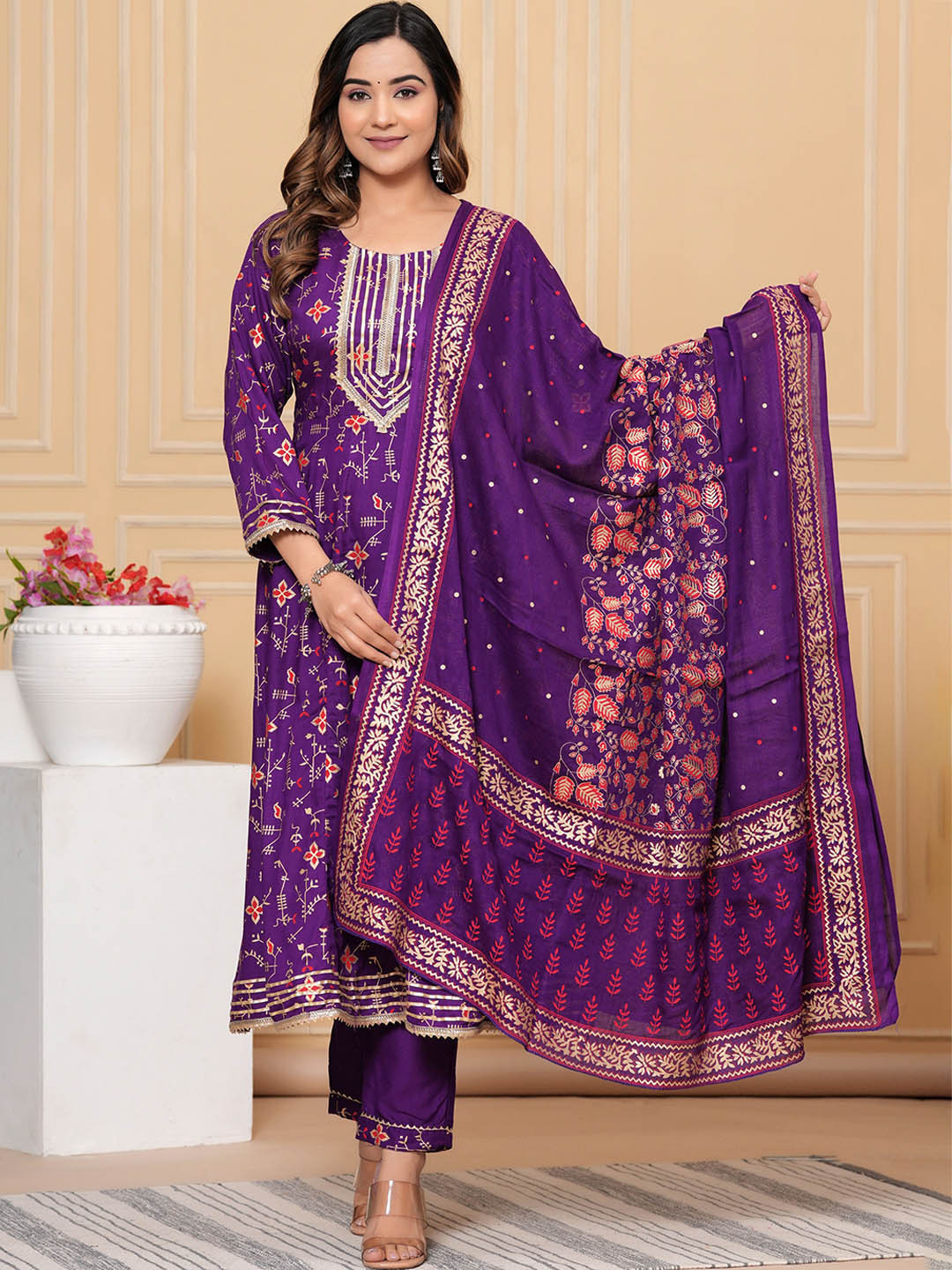 

ORUVAN Ethnic Motif Printed Gotta Patti Anarkali Kurta & Trousers With Dupatta, Purple
