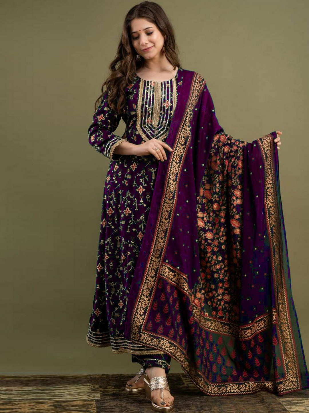 

ORUVAN Ethnic Motif Printed Gotta Patti Anarkali Kurta & Trousers With Dupatta, Purple