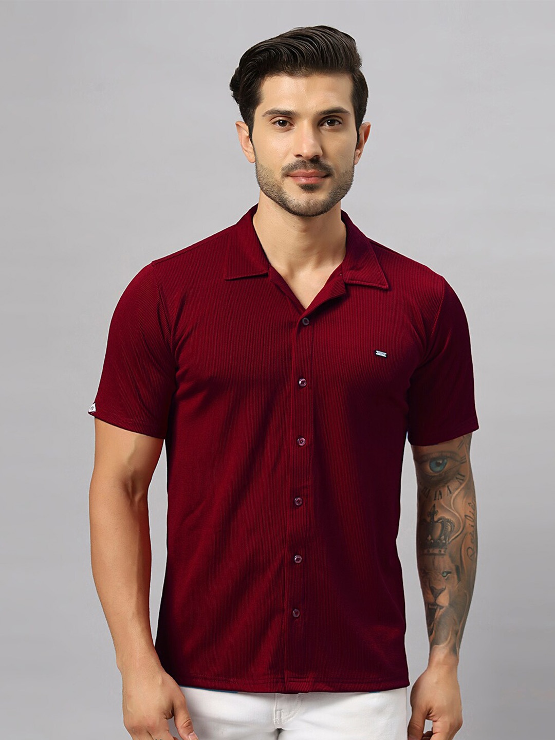 

N AND J Relaxed Spread Collar Cotton Casual Shirt, Maroon
