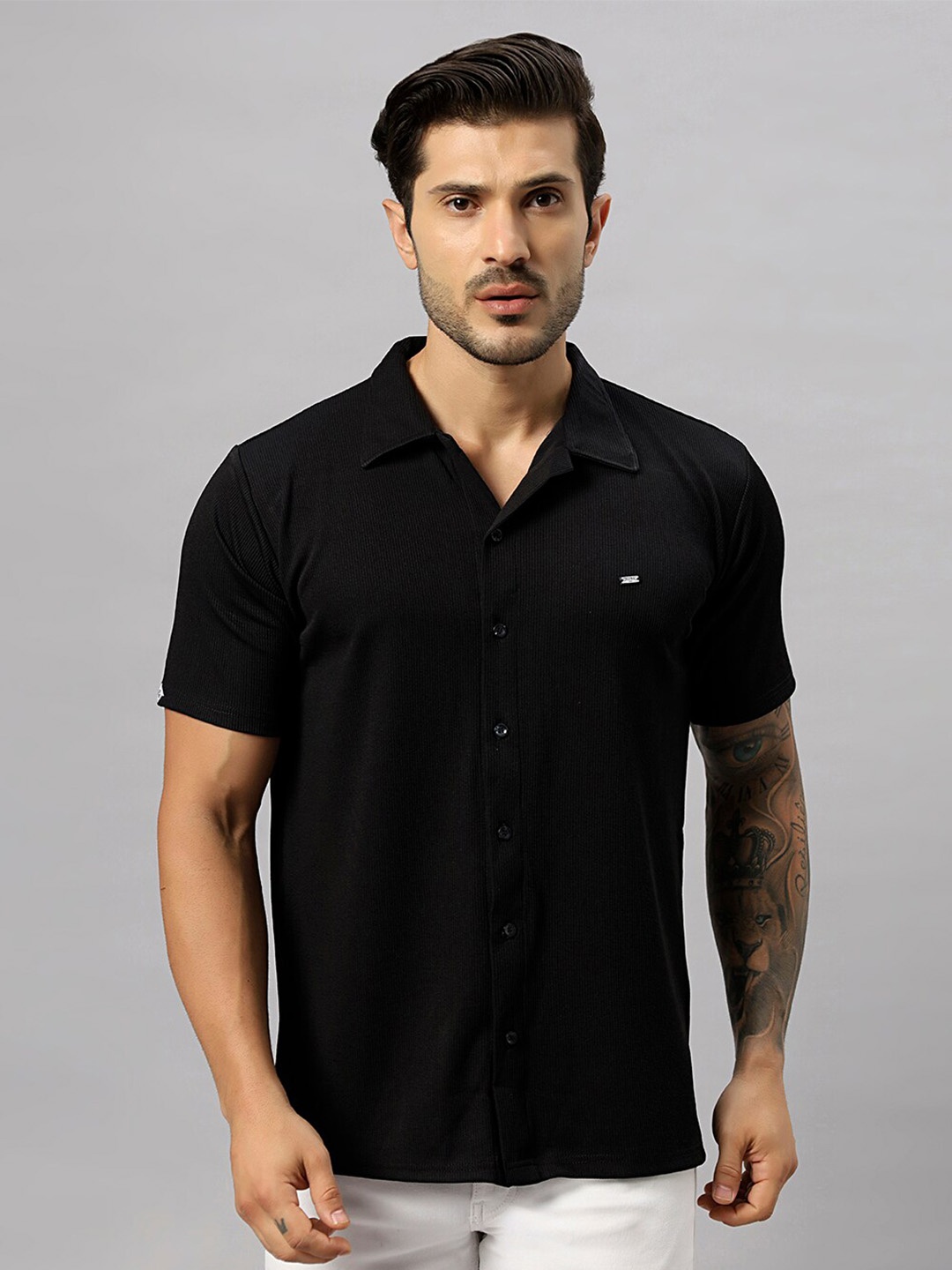 

N AND J Relaxed Spread Collar Cotton Casual Shirt, Black