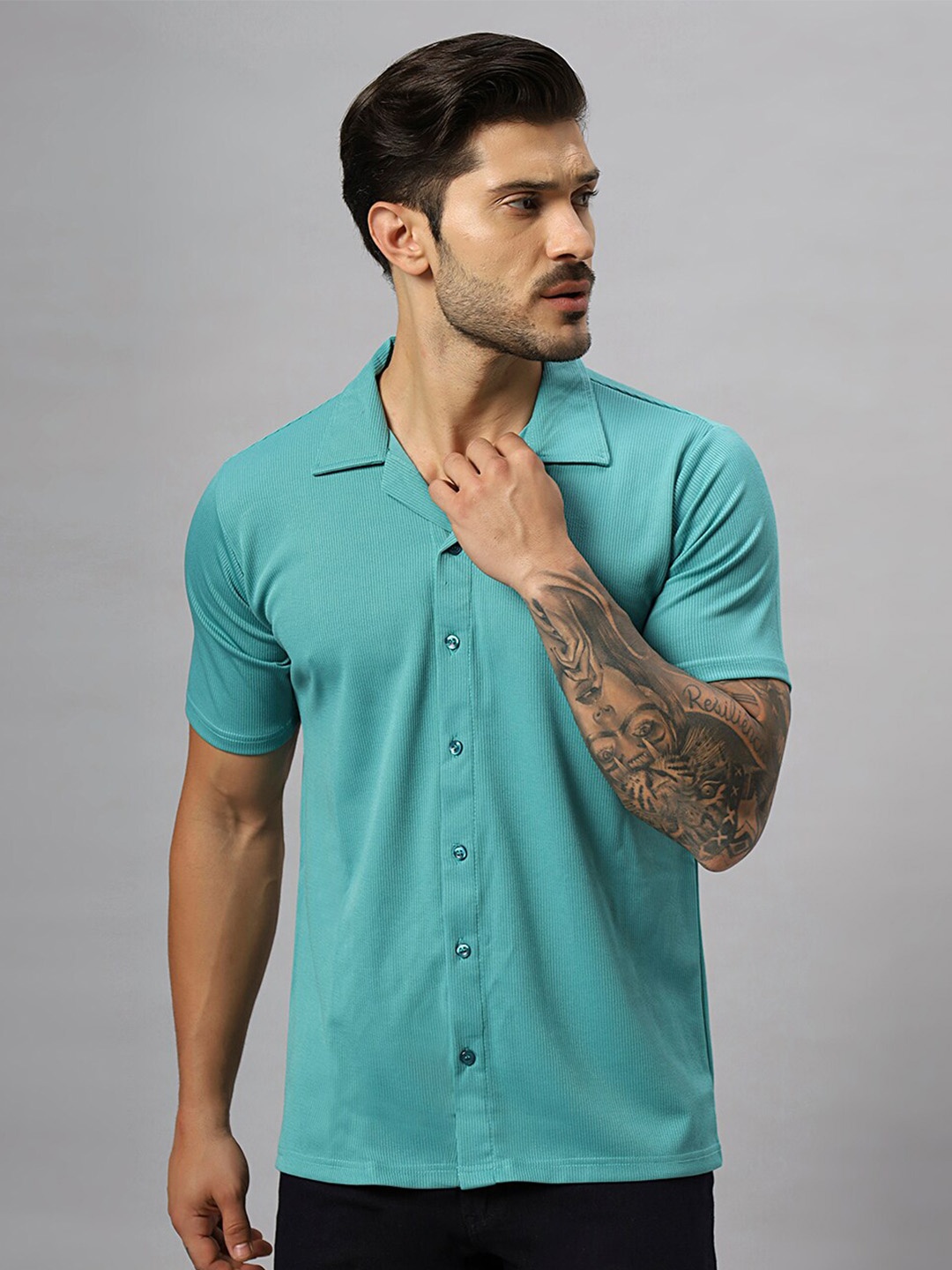 

N AND J Relaxed Spread Collar Cotton Casual Shirt, Teal