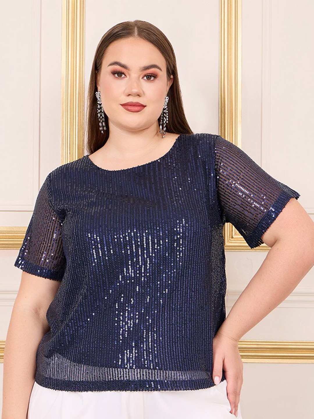 

Styli Plus Size Embellished Sequin Round Neck Top, Navy blue