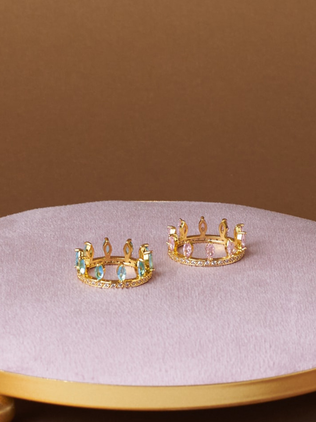 

DressBerry Pink & Blue Set Of 2 Gold-Plated Crystal Studded Finger Rings