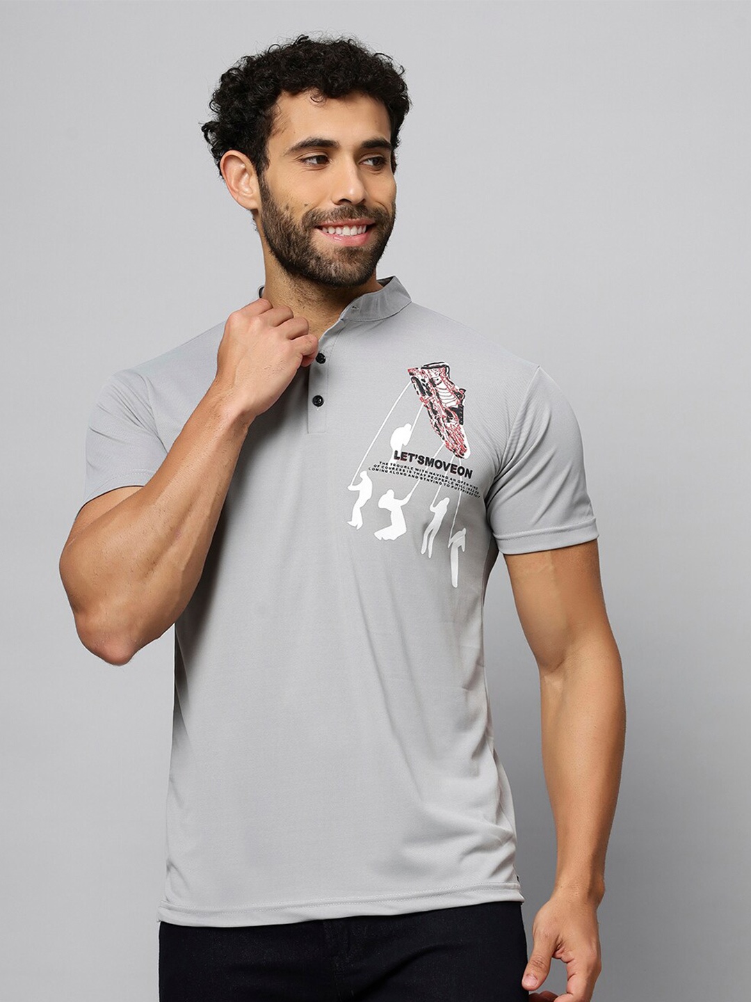 

N AND J Graphic Printed Henley Neck Cotton T-shirt, Grey