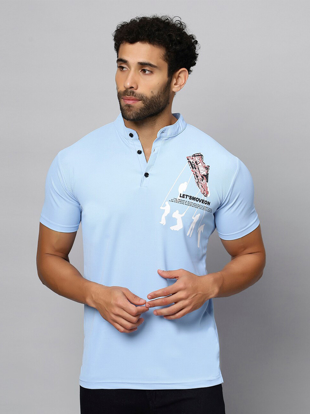 

N AND J Graphic Printed Henley Neck Cotton T-shirt, Blue