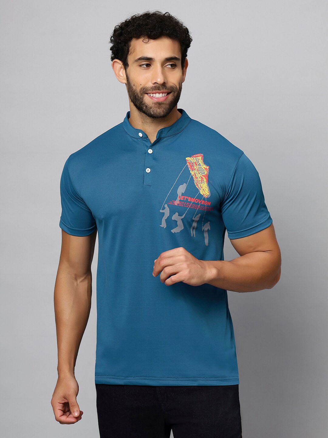 

N AND J Graphic Printed Henley Neck Cotton T-shirt, Blue