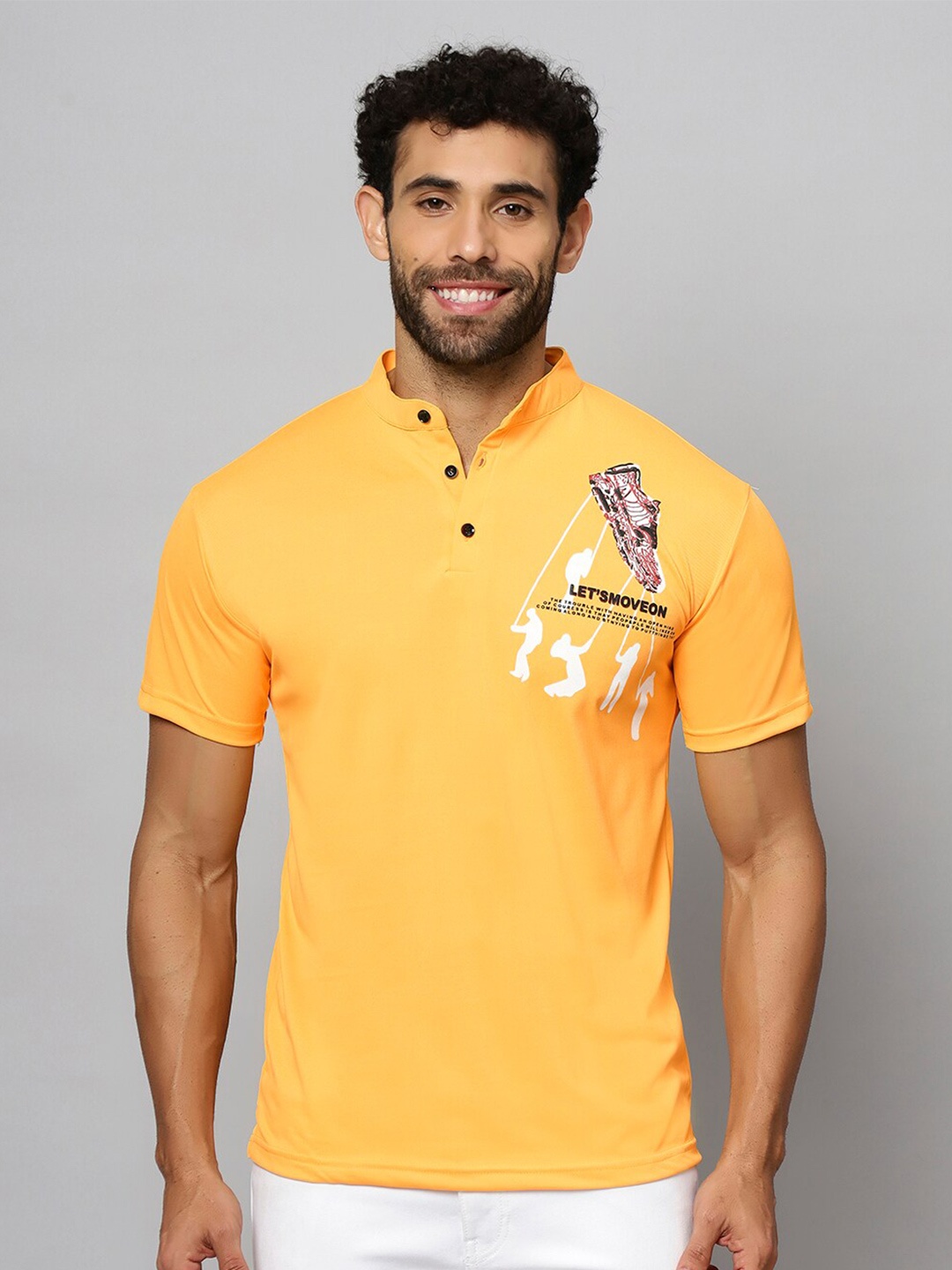 

N AND J Graphic Printed Henley Neck Cotton T-shirt, Yellow