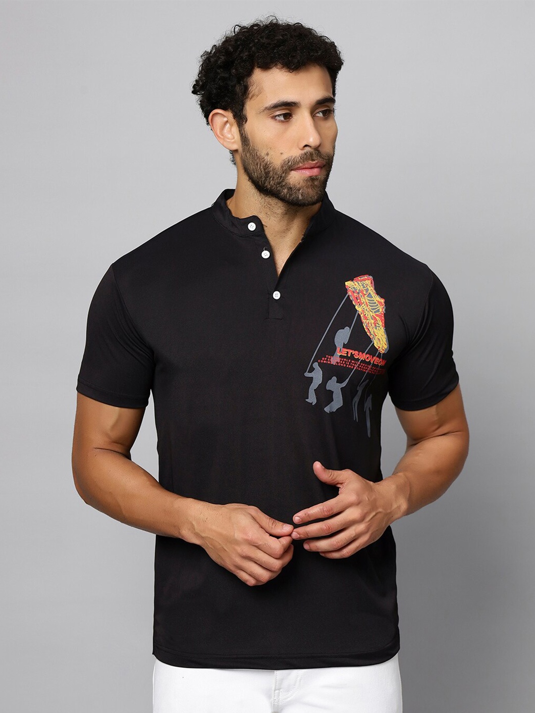 

N AND J Graphic Printed Henley Neck Cotton T-shirt, Black
