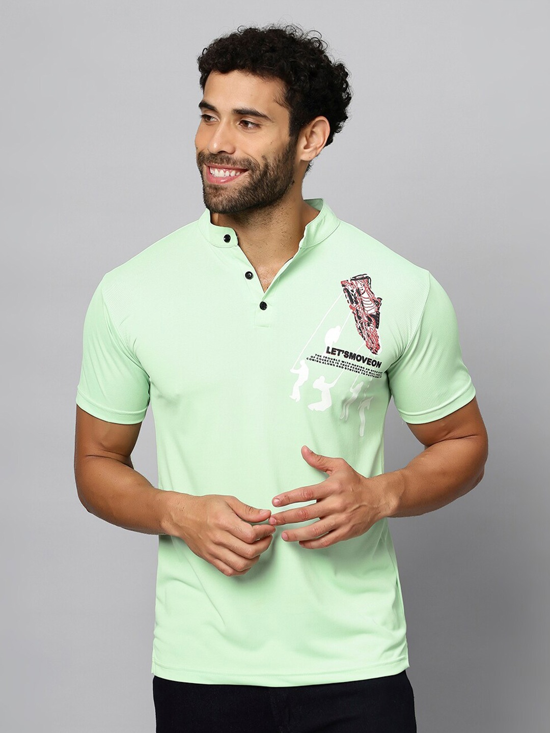 

N AND J Graphic Printed Henley Neck Cotton T-shirt, Green