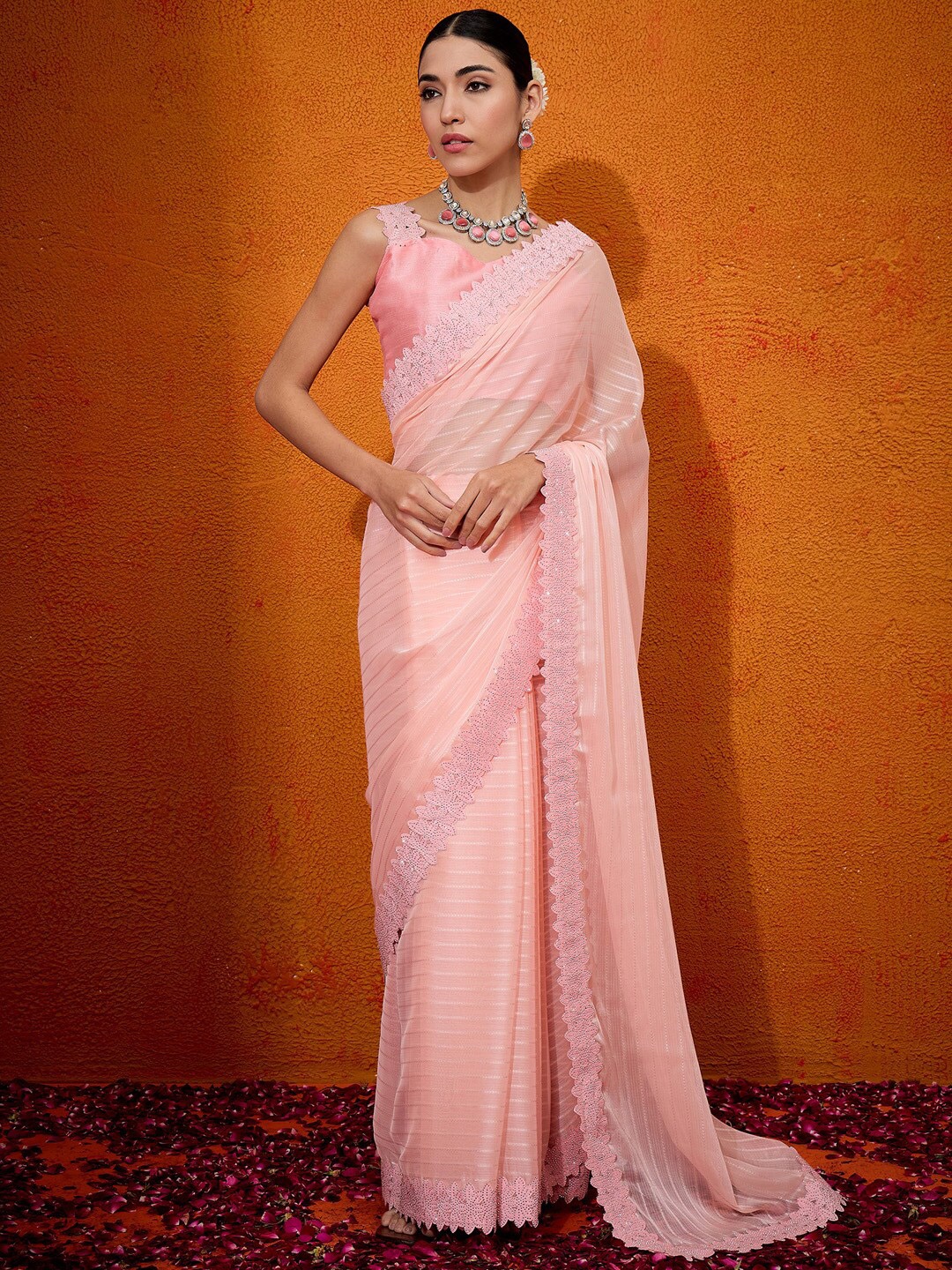 

Anouk Striped Beads and Stones Pure Chiffon Saree, Peach