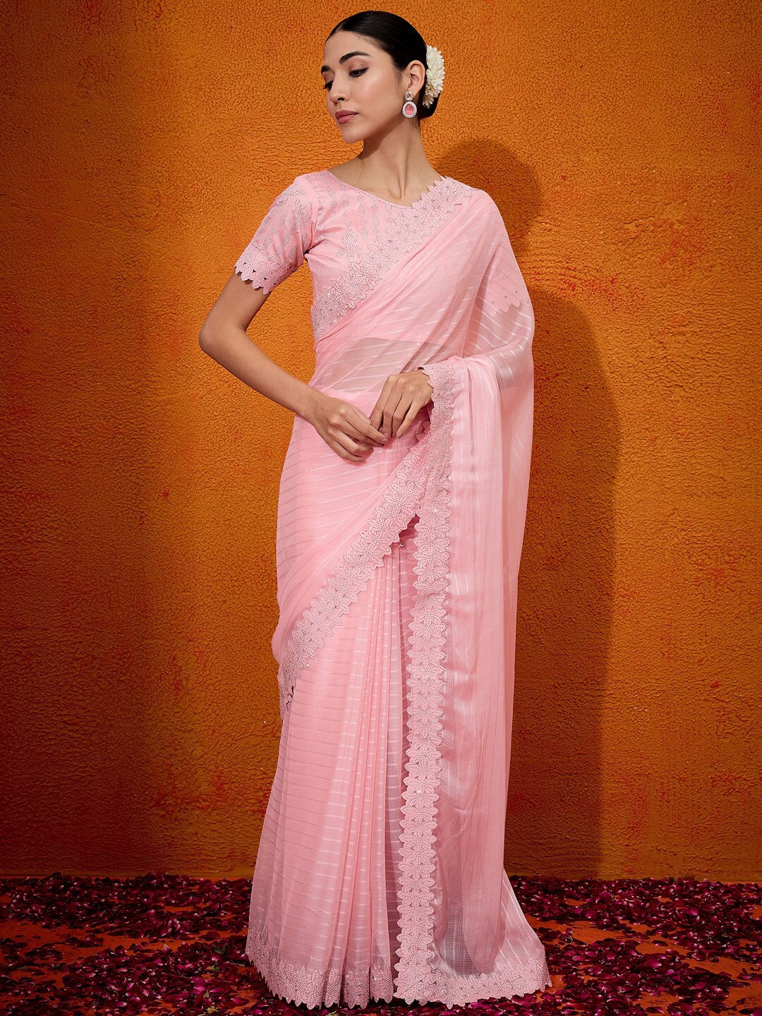 

Anouk Striped Beads and Stones Pure Chiffon Saree, Pink