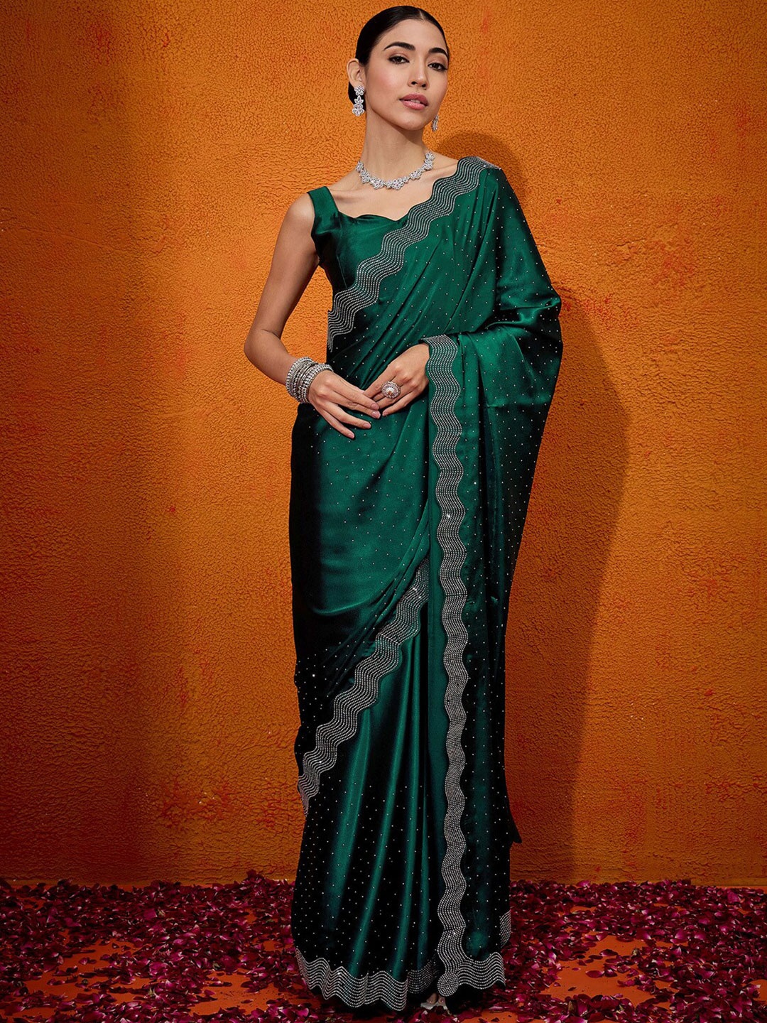 

Anouk Embellished Beads and Stones Satin Saree, Green