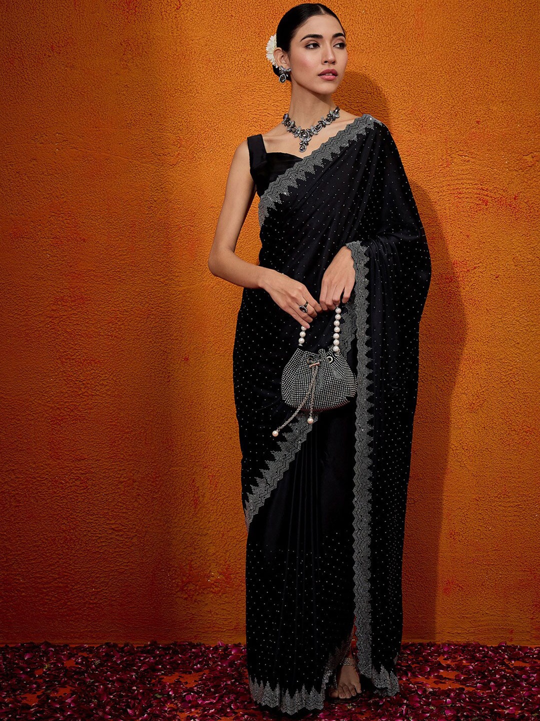 

Anouk Embellished Beads and Stones Satin Saree, Black