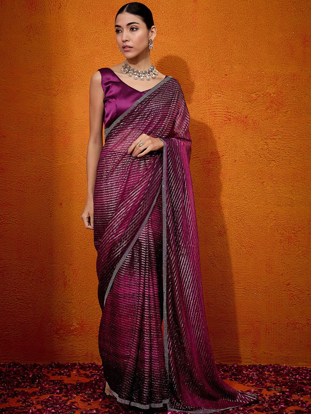 

Anouk Striped Beads and Stones Pure Georgette Saree, Magenta
