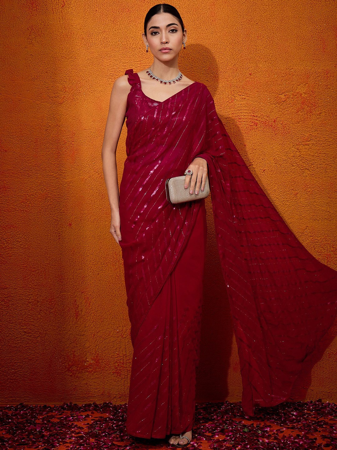 

Anouk Striped Sequinned Pure Georgette Saree, Red