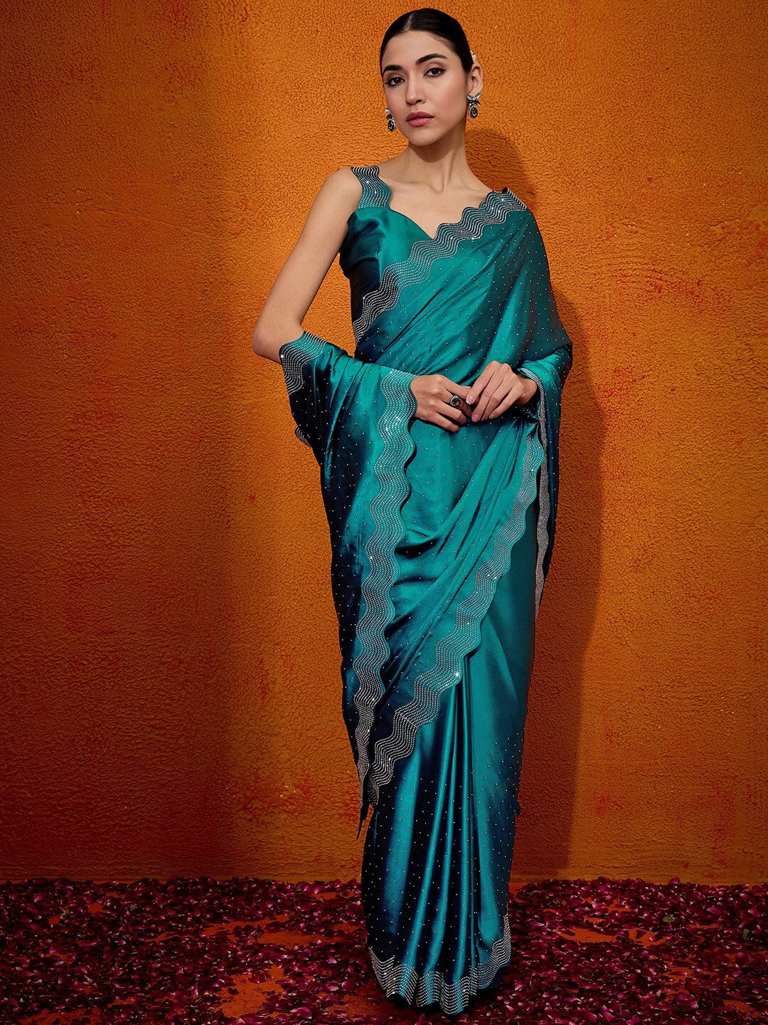 

Anouk Embellished Beads and Stones Satin Saree, Teal