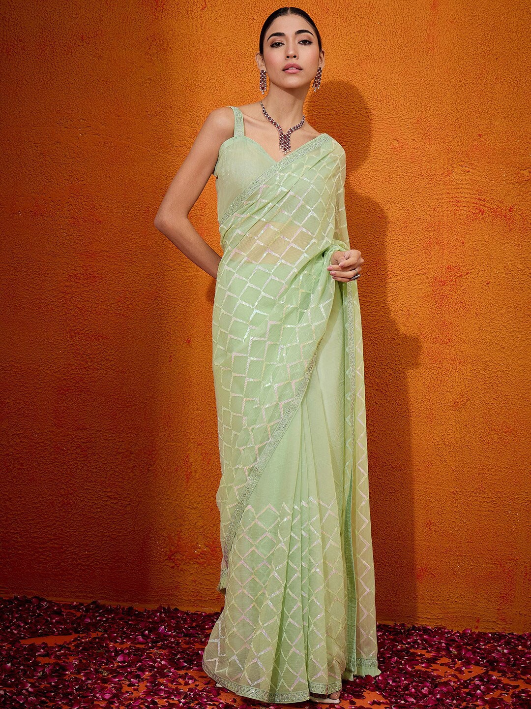 

Anouk Checked Sequinned Pure Georgette Saree, Green