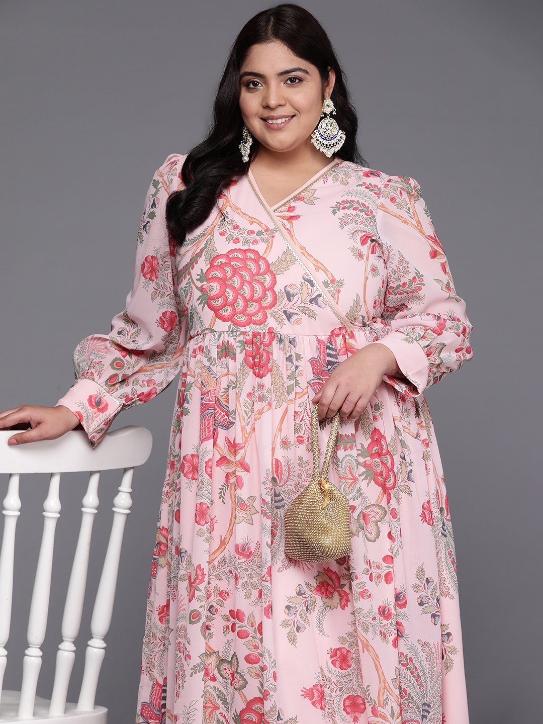 

A PLUS BY AHALYAA Plus Size Floral Printed Wrap Maxi Ethnic Dress, Pink