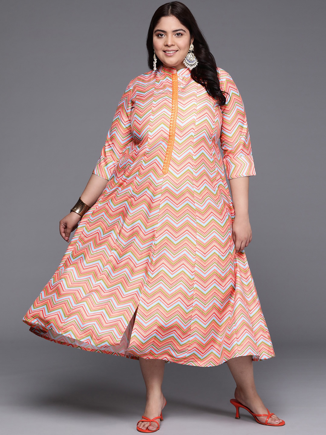 

A PLUS BY AHALYAA Plus Size Chevron Printed Mandarin Collar Midi Ethnic Dress, Multi