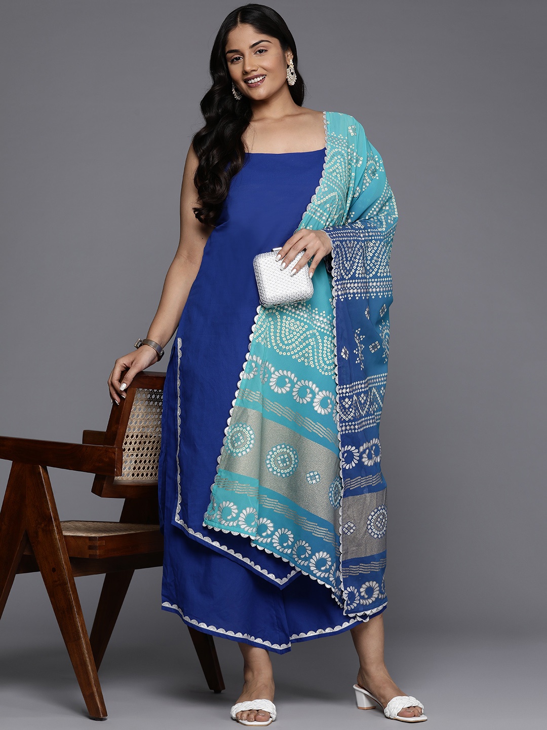 

A PLUS BY AHALYAA Plus Size Gotta Patti Pure Cotton Kurta with Palazzos & Dupatta, Blue
