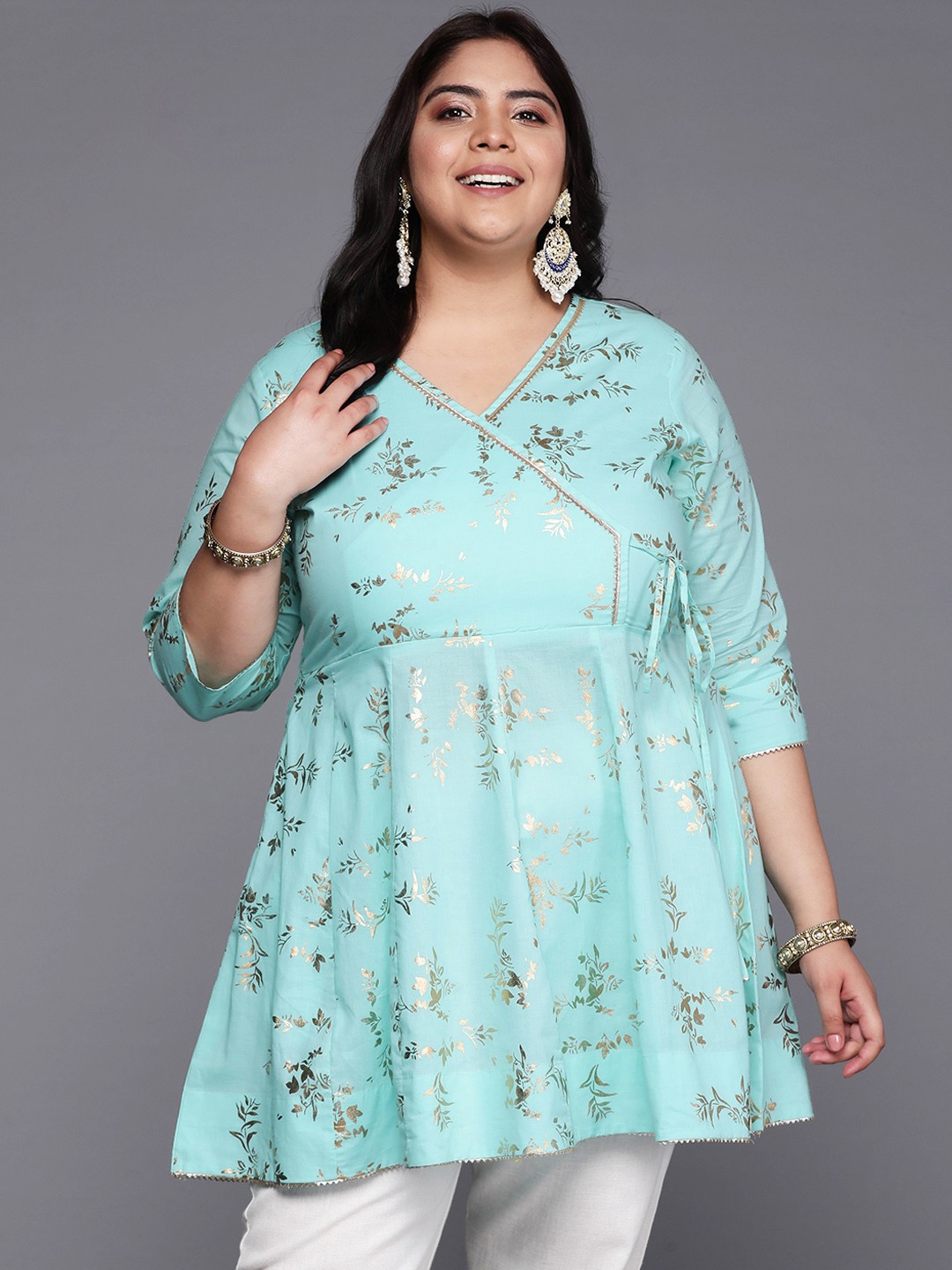 

A PLUS BY AHALYAA Plus Size Printed Pure Cotton Ethnic Kurti, Turquoise blue