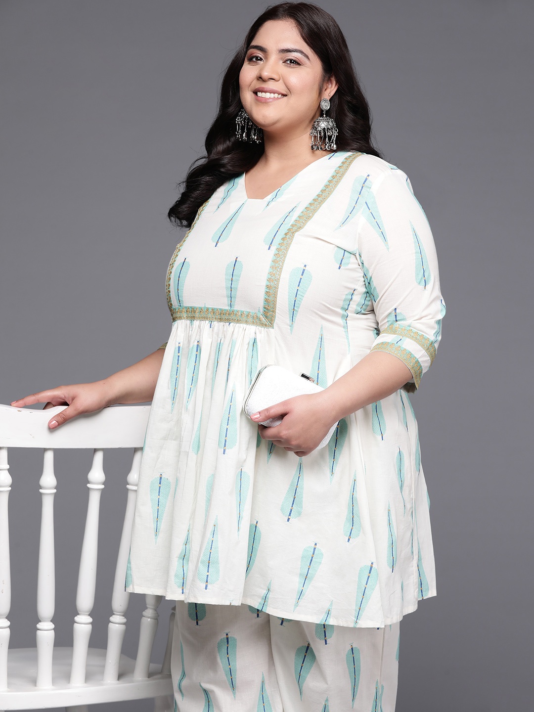 

A PLUS BY AHALYAA Plus Size Printed Pure Cotton Co-Ords, Off white