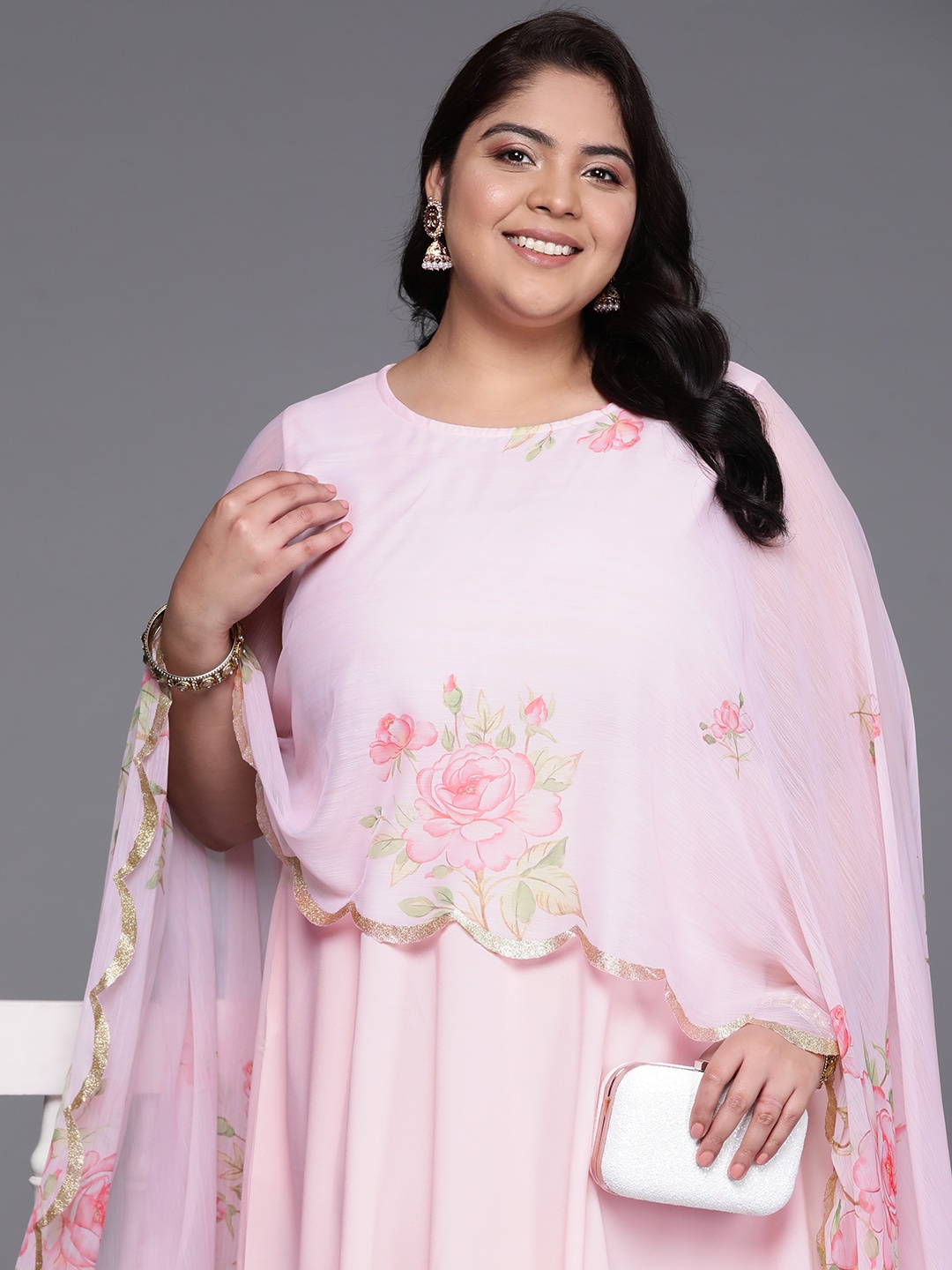 

A PLUS BY AHALYAA Plus Size Floral Printed Cape Sleeves Layered Ethnic Gown, Pink