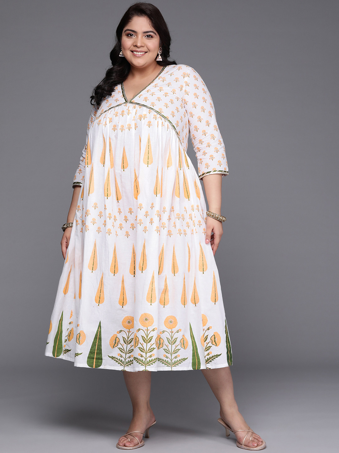 

A PLUS BY AHALYAA Plus Size Floral Printed Empire Midi Pure Cotton Ethnic Dress, White