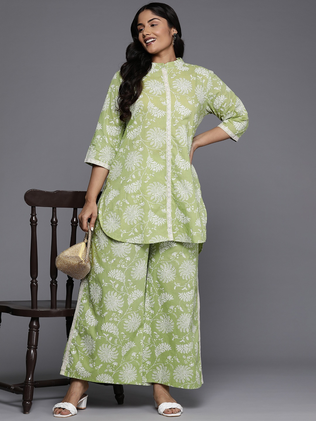 

A PLUS BY AHALYAA Plus Size Printed Pure Cotton Co-Ords, Green