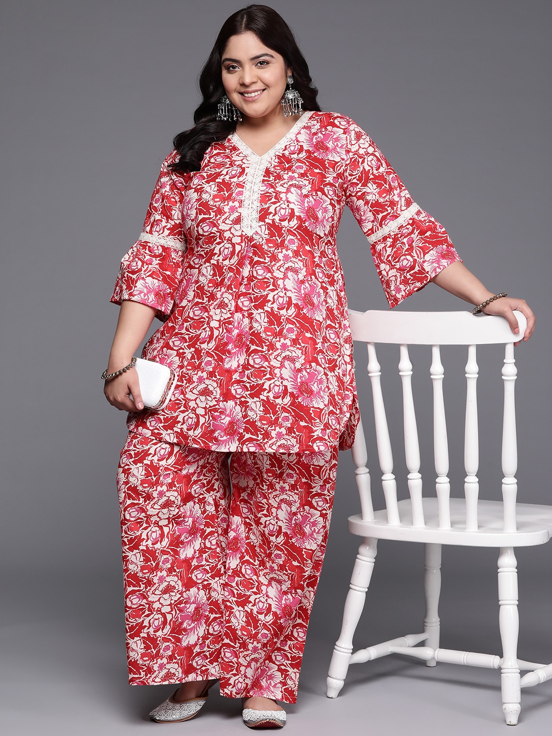 

A PLUS BY AHALYAA Plus Size Floral Printed Pure Cotton Co-Ords, Red