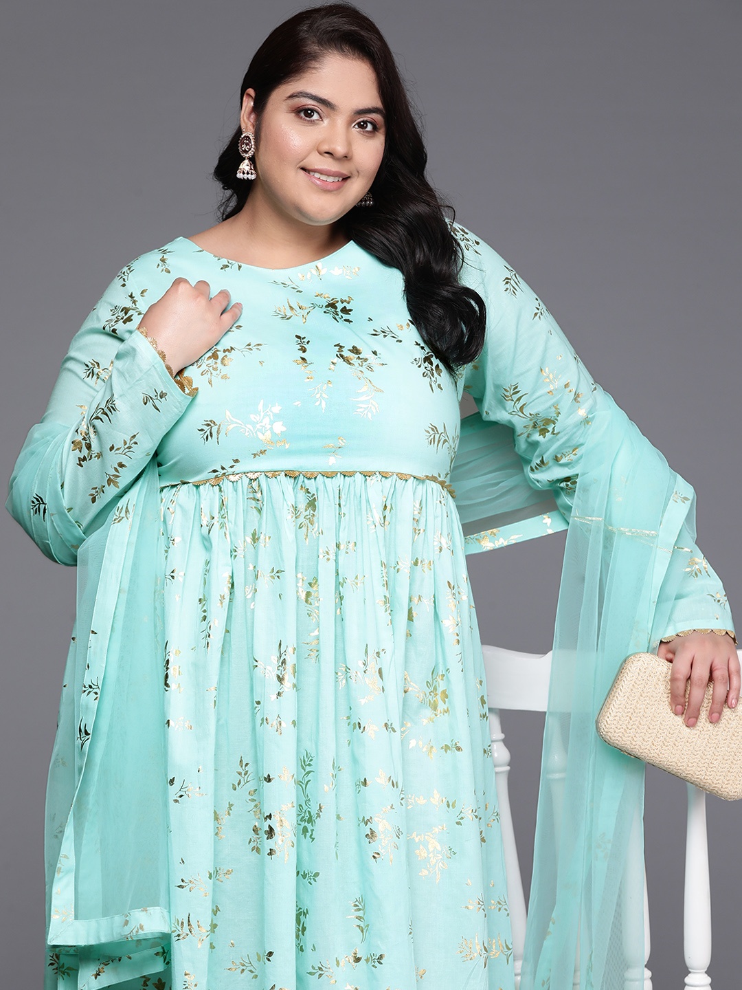 

A PLUS BY AHALYAA Plus Size Floral Printed Midi Pure Cotton Ethnic Dress with Dupatta, Turquoise blue