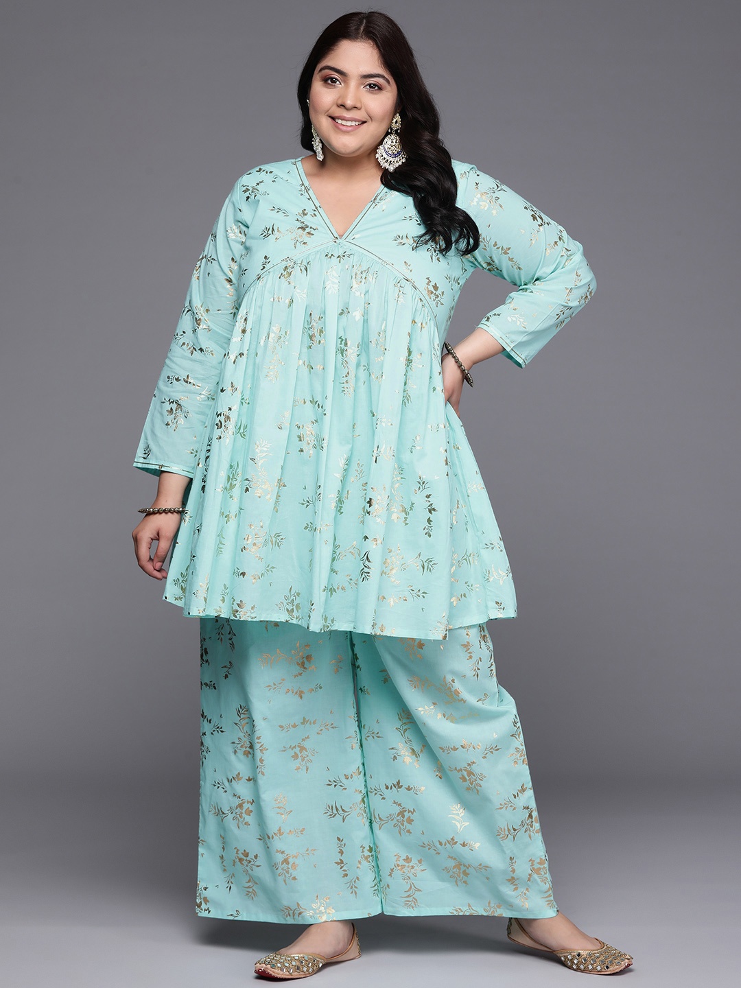 

A PLUS BY AHALYAA Plus Size Floral Printed Pure Cotton Co-Ords, Blue