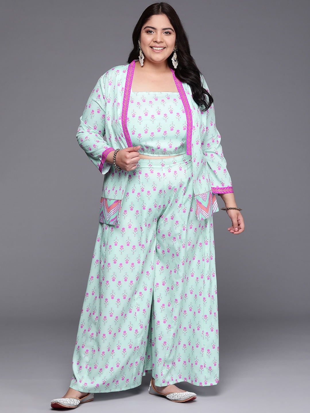 

A PLUS BY AHALYAA Women Plus Size Printed Ethnic Co-Ords Set, Blue