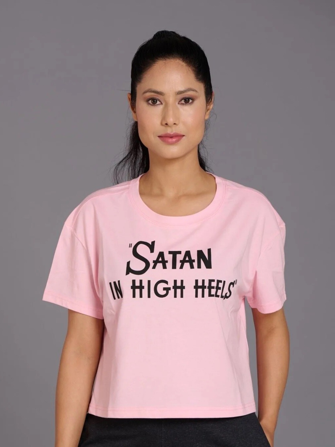 

GO DEVIL Women Typography Printed Pockets T-shirt, Pink