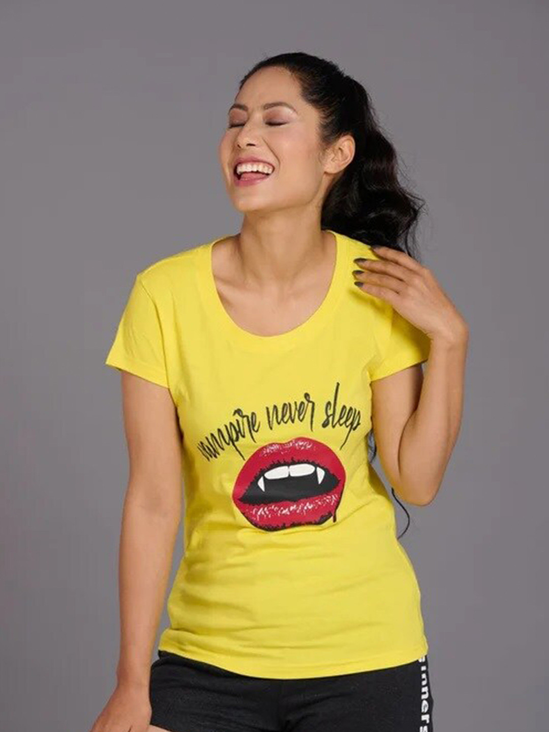 

GO DEVIL Women Printed Extended Sleeves T-shirt, Yellow