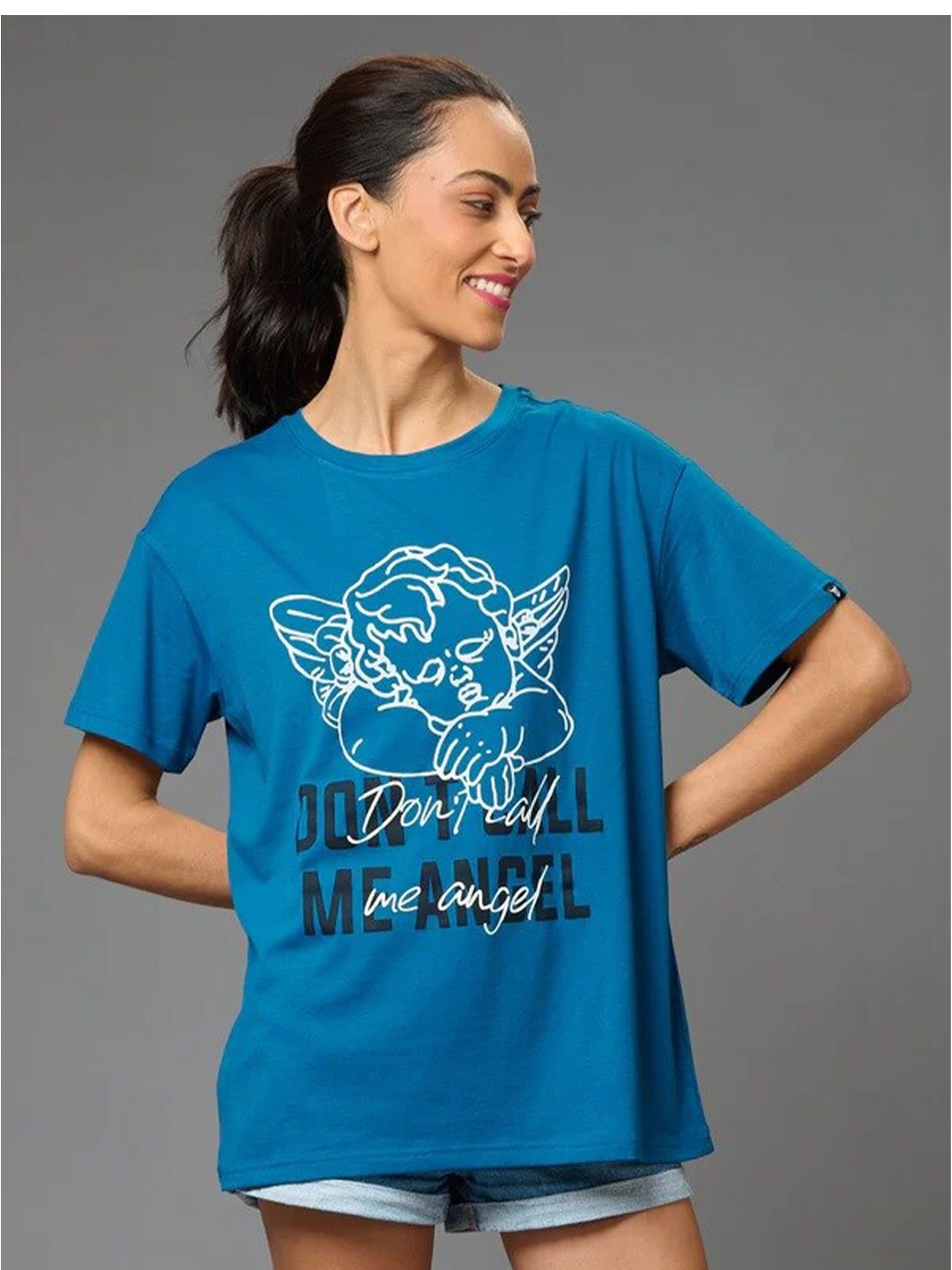 

GO DEVIL Women Printed Extended Sleeves Ethnic Raw Edge T-shirt, Blue
