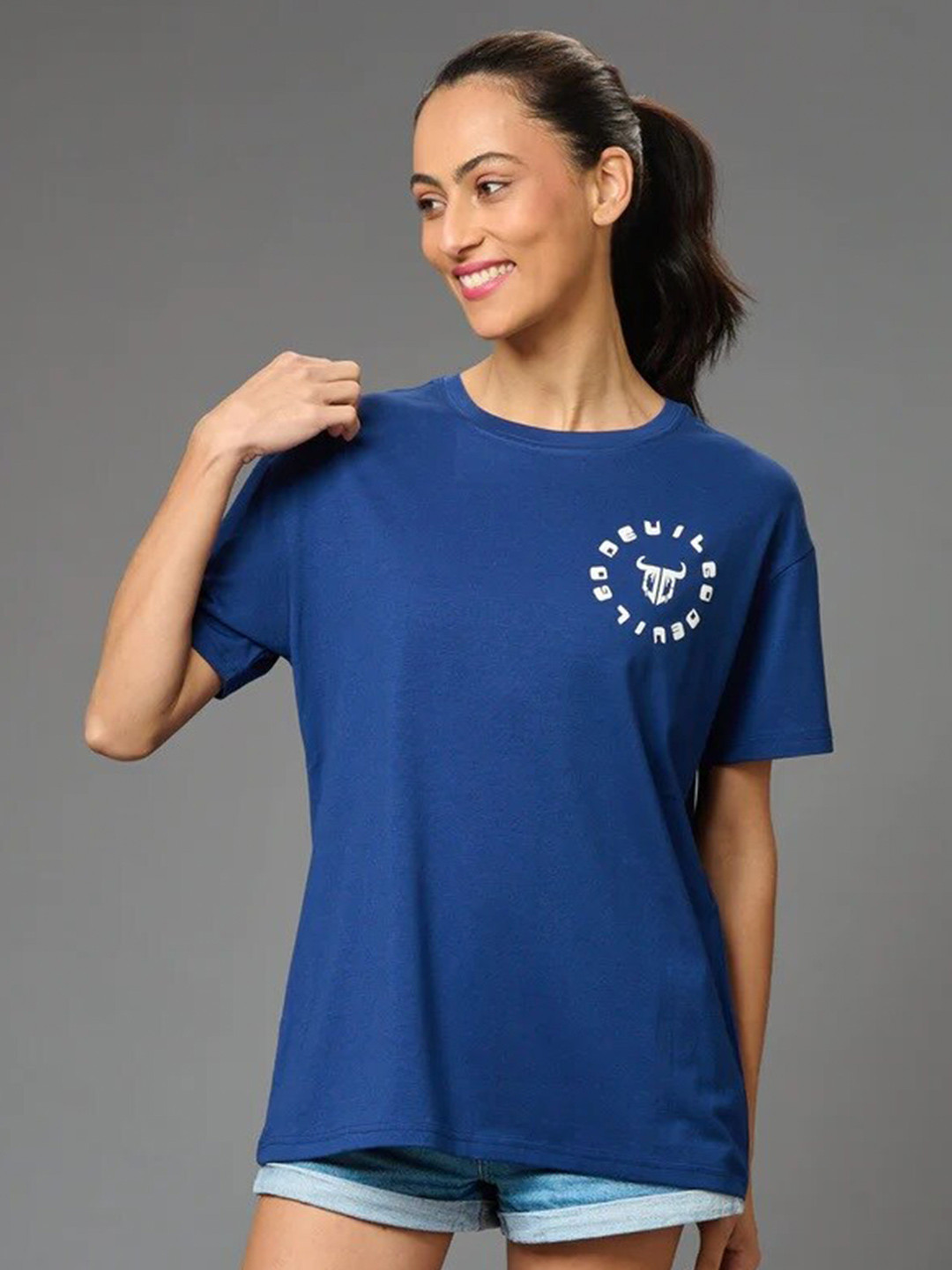 

GO DEVIL Women V-Neck Extended Sleeves Pockets T-shirt, Blue