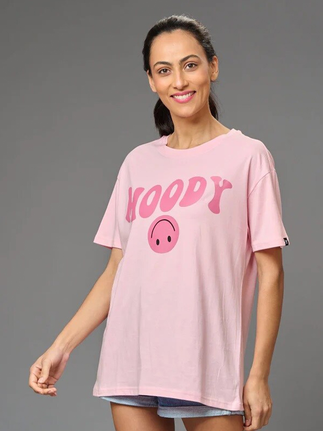 

GO DEVIL Women Printed Drop-Shoulder Sleeves Applique T-shirt, Pink