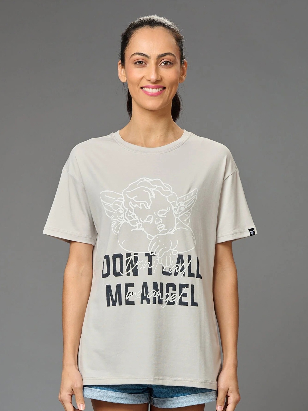 

GO DEVIL Women Printed Applique T-shirt, Grey